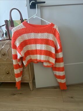 Cropped Striped Cable-Knit Crewneck Sweater in Orange and Cream